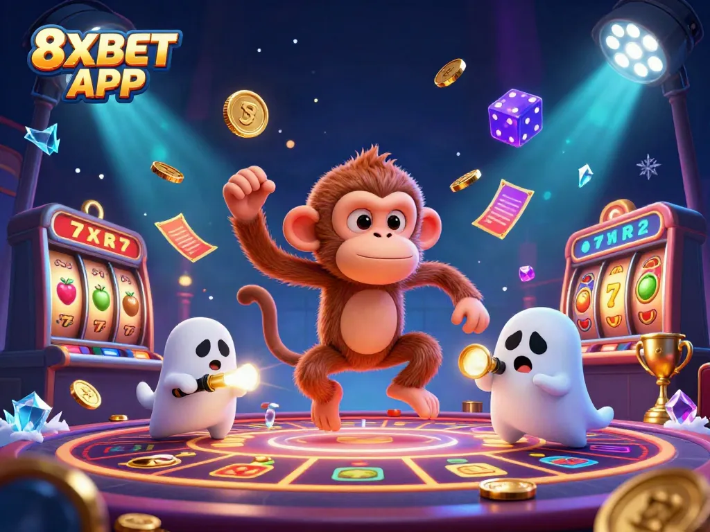 Catch the excitement of the 8XBET APP as a mischievous poltergeist monkey juggles golden casino elements.