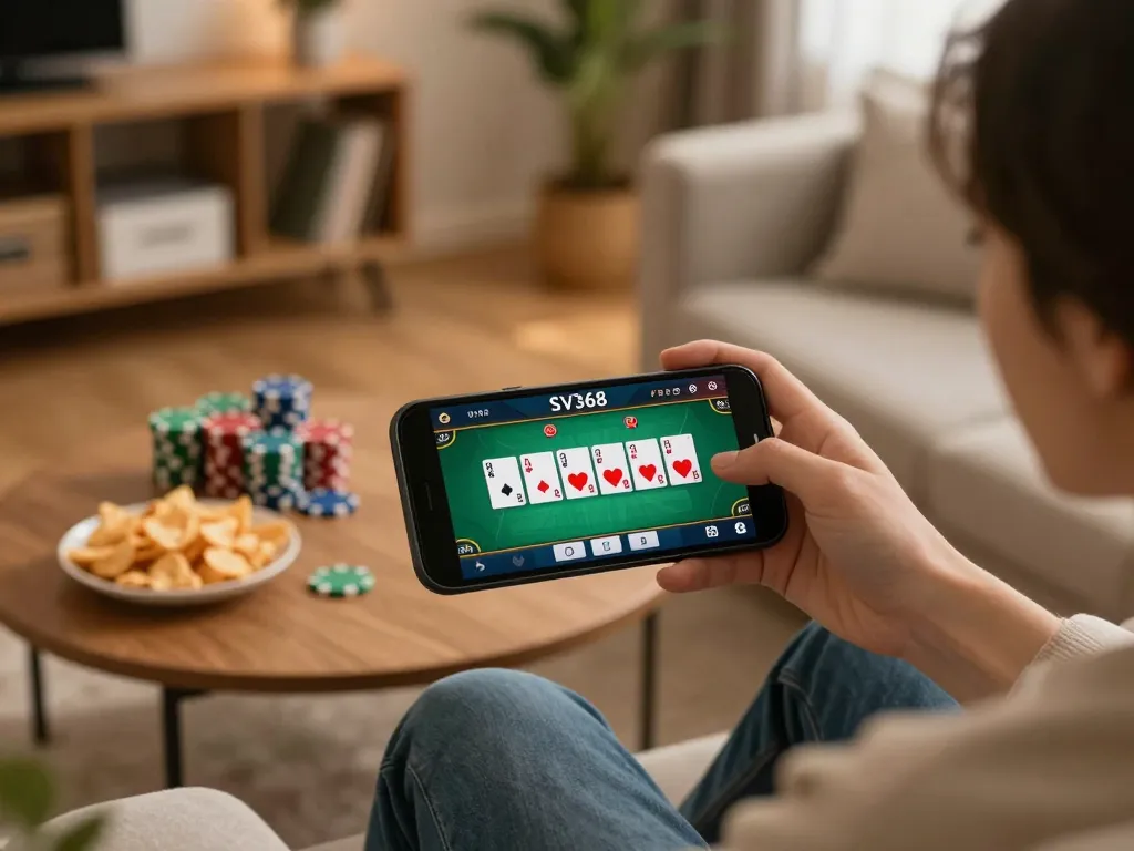 Engaged gameplay on SV368 app with poker action in a cozy living room setting.