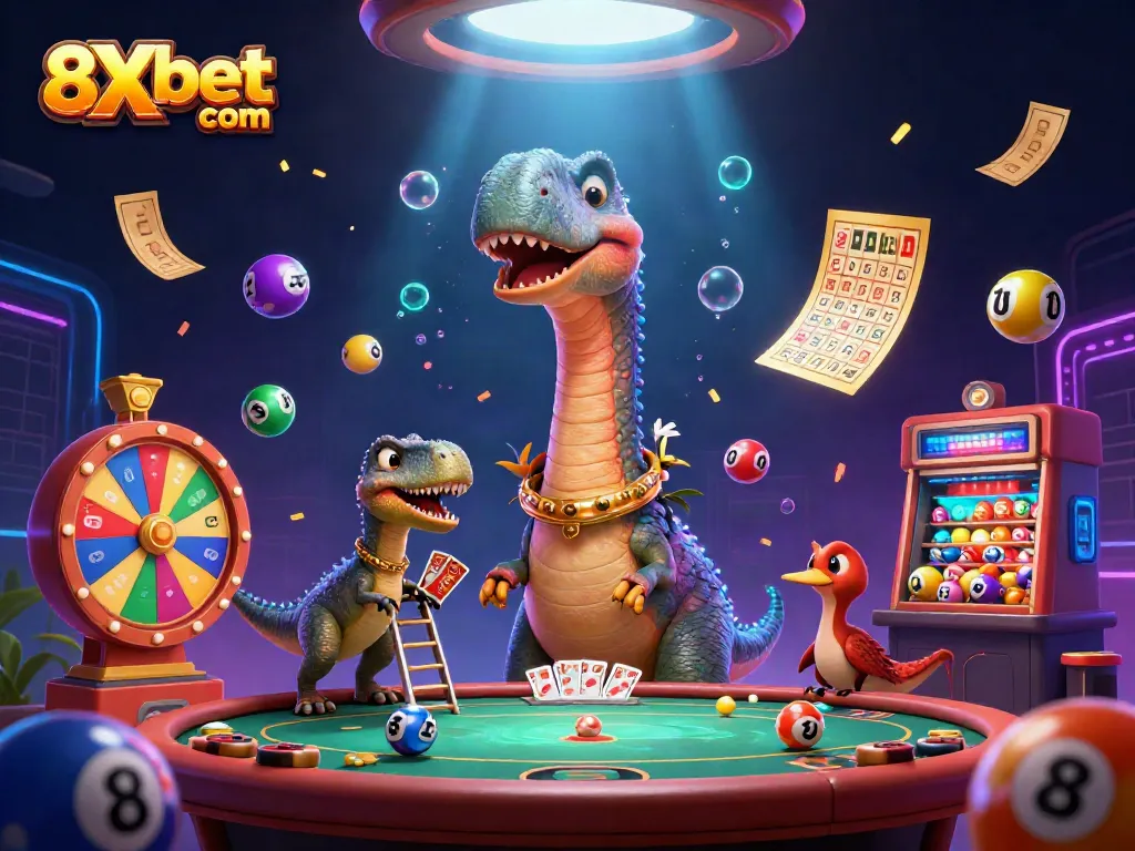 Engage with exciting gaming adventures at 8Xbet com, featuring animated casino characters and vibrant elements.