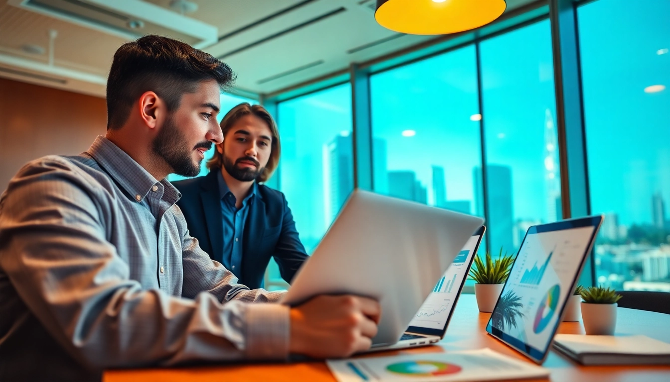 Marketing Consultant discussing strategies in a modern office with vibrant visuals.