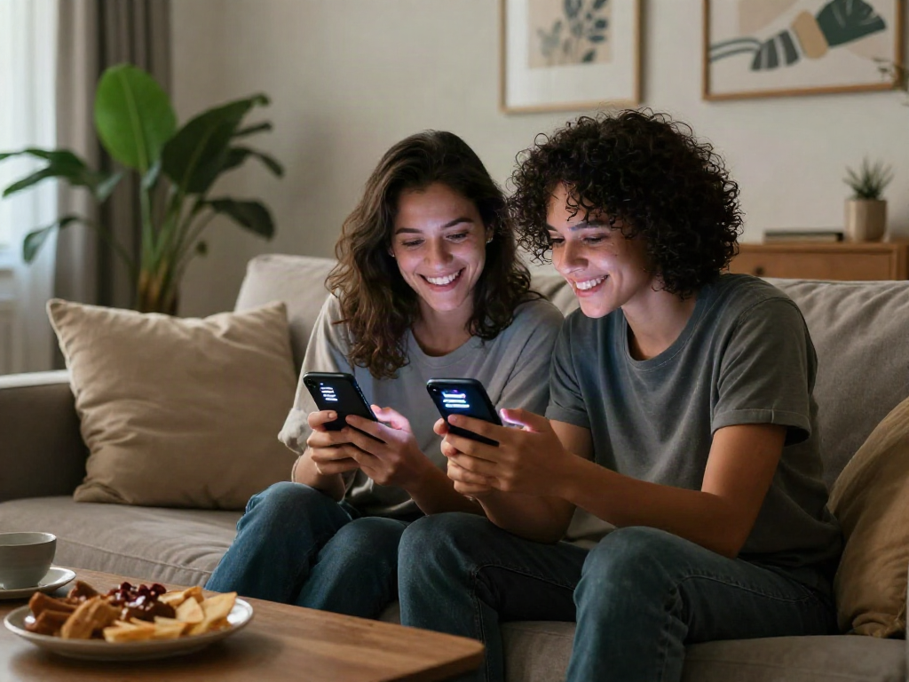 Sexting AI scene showcasing a couple using smartphones in a cozy living room, illustrating modern relationships.