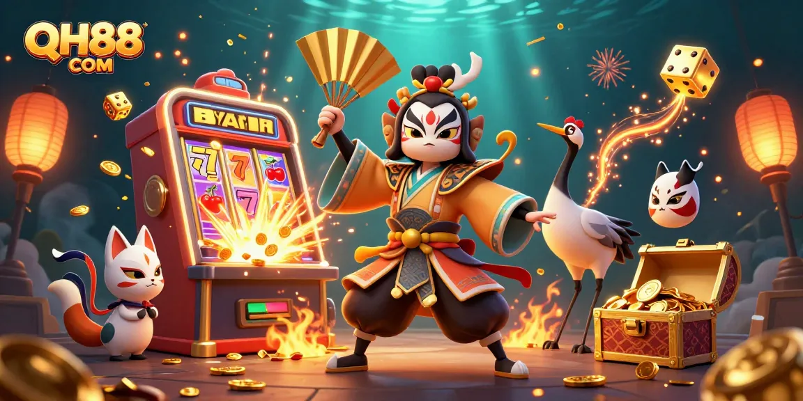 Win big with QH88 COM as a kabuki warrior plays amidst jackpot celebrations in a vibrant casino