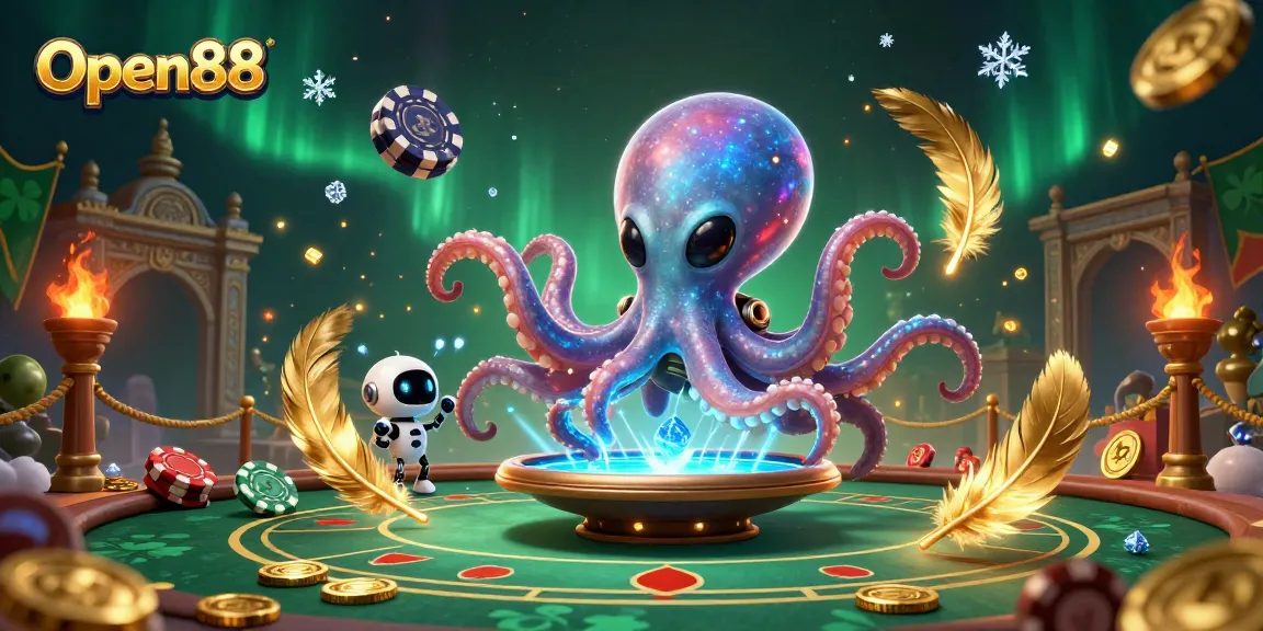 Open88 showcases a vibrant scene with a cartoon alien octopus operating a poker table in an exciting casino setting.