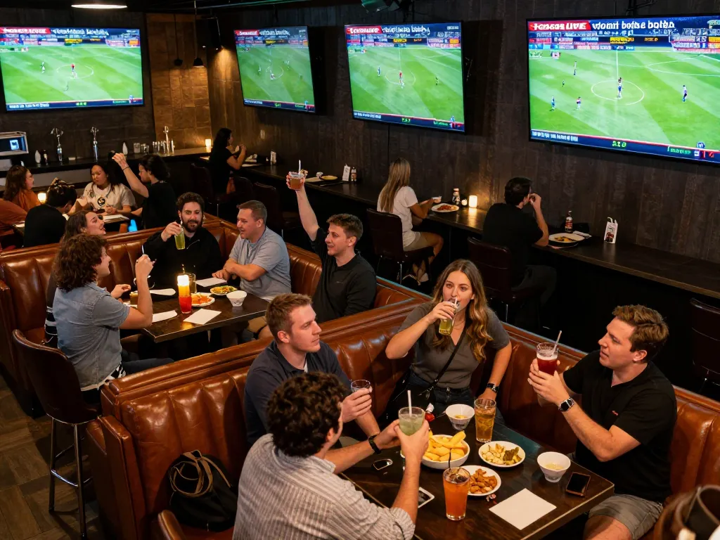 Socolive trực tiếp bóng đá displayed on multiple screens in a bustling sports bar, capturing the excitement of live betting.
