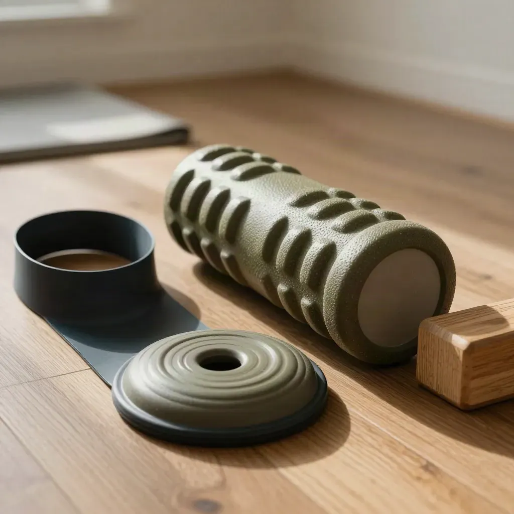 Kit riabilitativo con elastico, foam roller, disco equilibrio e step block su pavimento caldo.