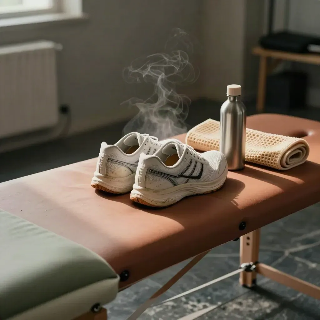 Scarpe da corsa con plantari, asciugamano freddo, borraccia e tappetino per recupero sportivo.