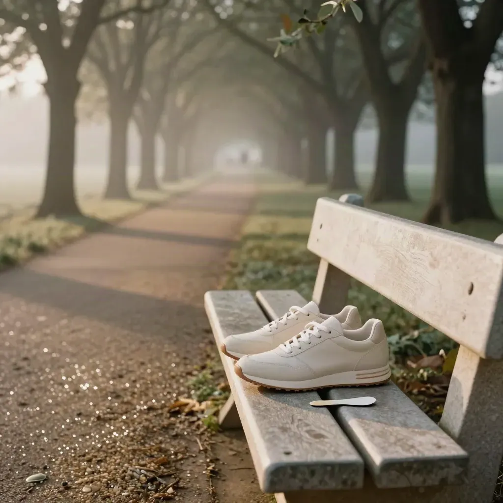 Sentiero alberato all’alba con scarpe crema e plantari su panca in pietra, scena calma.