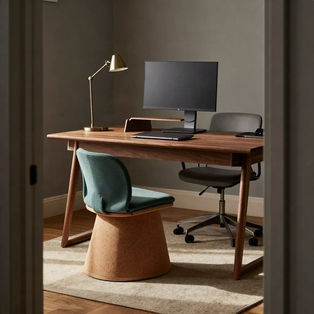 Angolo ufficio ordinato con monitor rialzato, poggiapiedi, cuscino lombare e laptop chiuso.