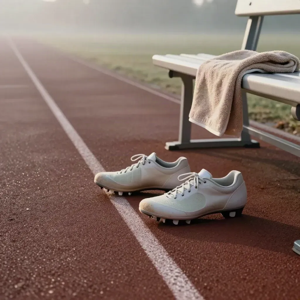 Corsia di pista all’alba con scarpe da corsa, plantari, asciugamano e panca di recupero.
