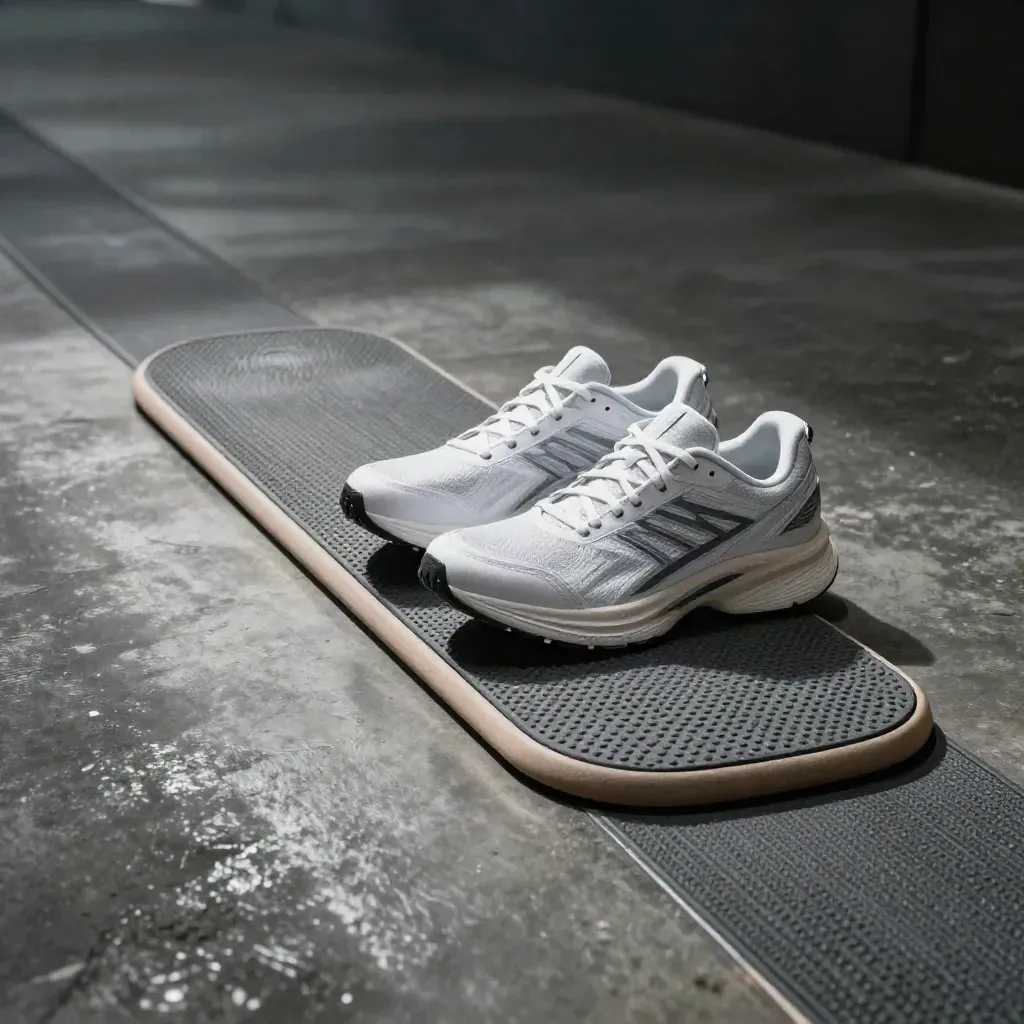 Coppia di scarpe da corsa su corsia gommata con pedana d’equilibrio, luce drammatica e atmosfera clinica