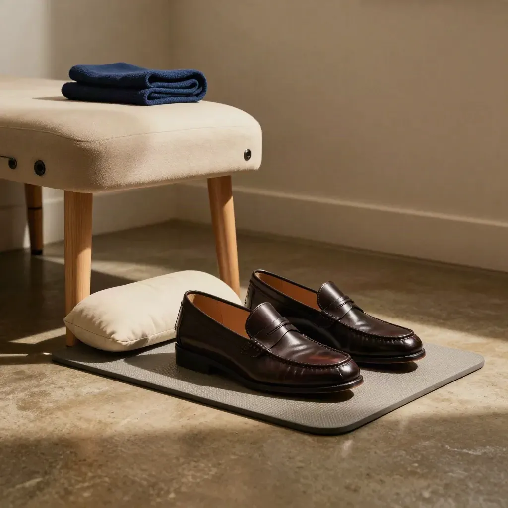 Scarpe con inserti per avampiede, sgabello e cuscino in un angolo clinico
