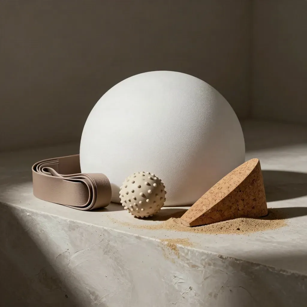Dome propriocettivo, elastico, pallina massaggiante e cuneo in sughero su mensola in gesso