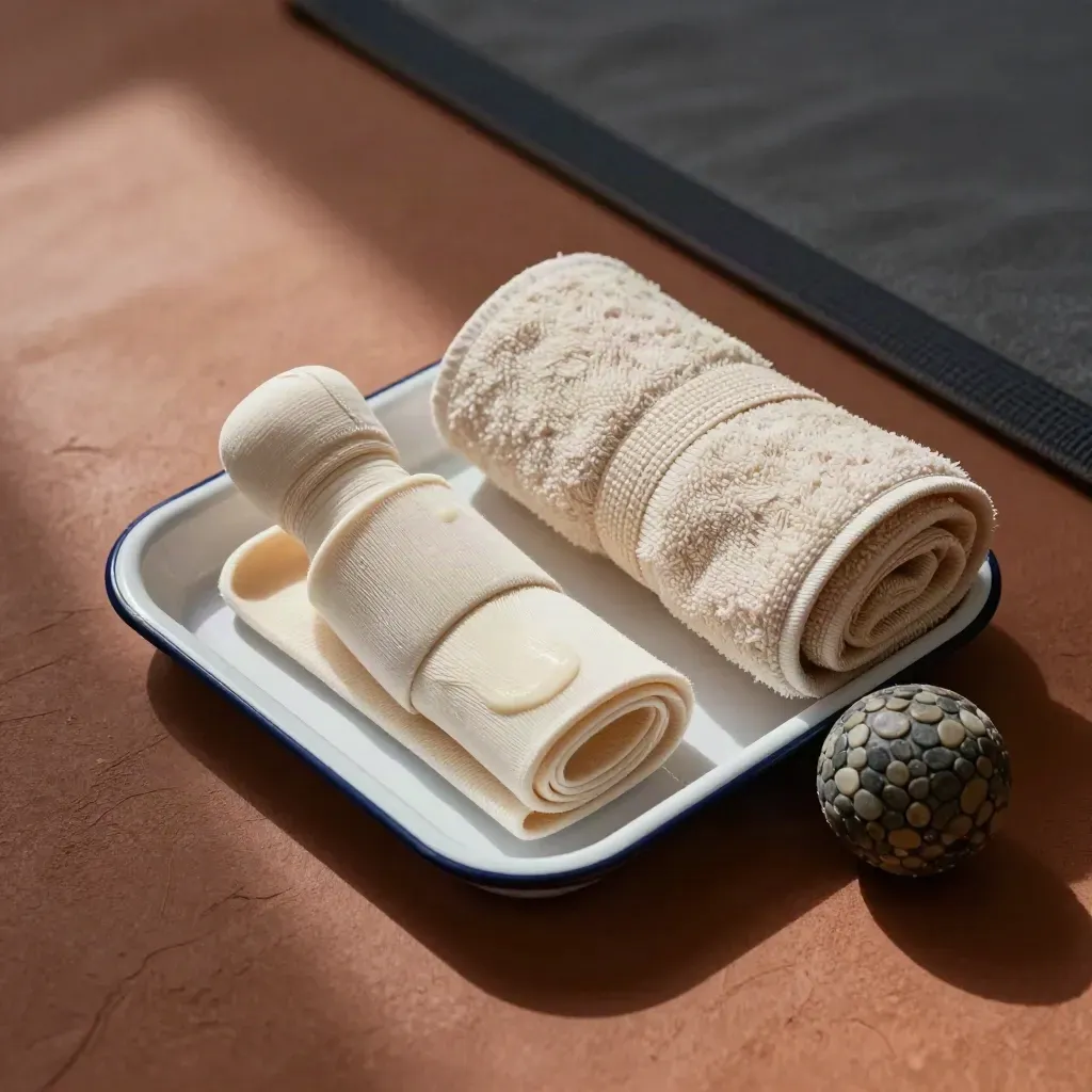 Kit di riabilitazione con cavigliera, elastico, asciugamano arrotolato e palla massaggiante in vassoio smaltato