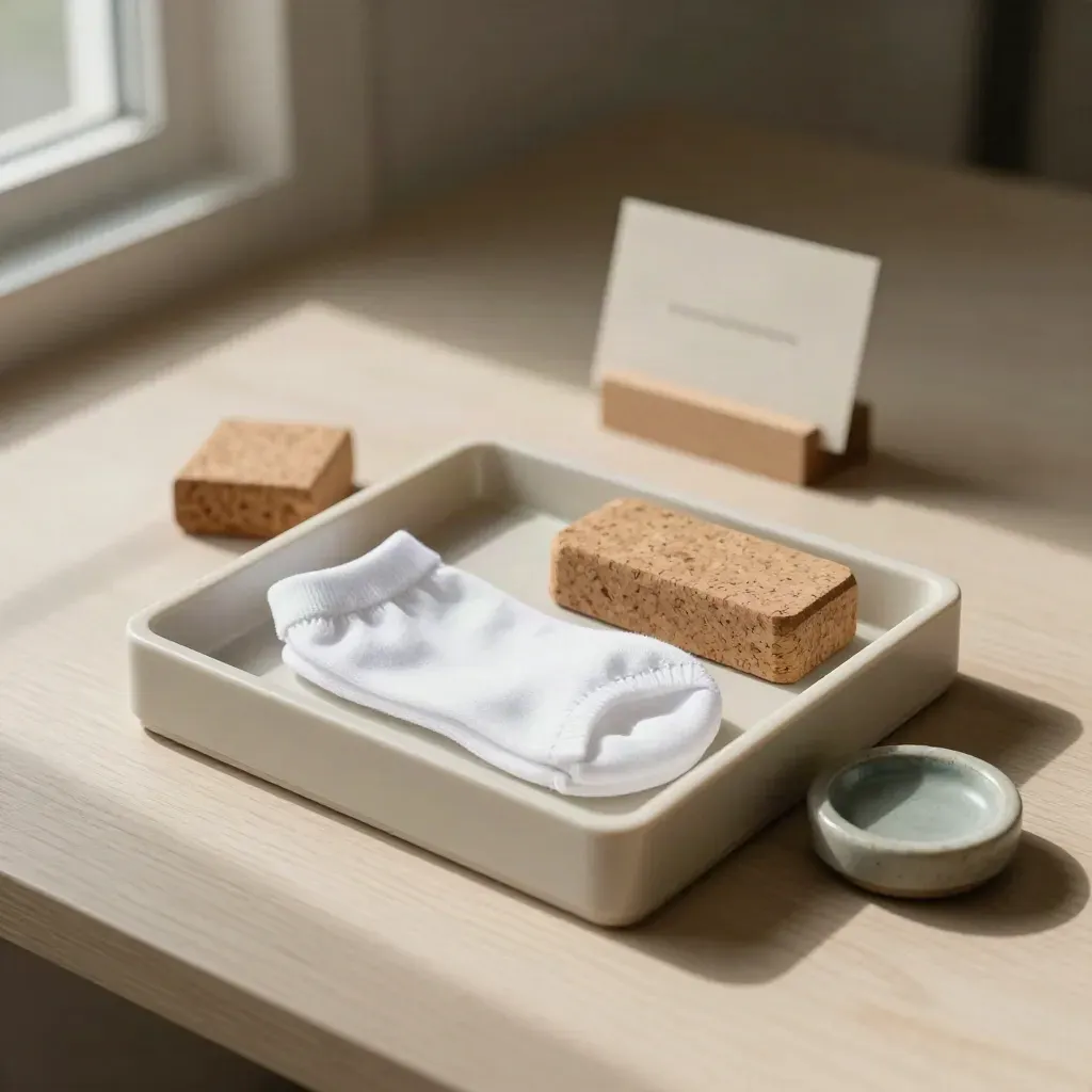 Kit prima visita con box in foam, calzino liner, sughero e ciotola in pietra.