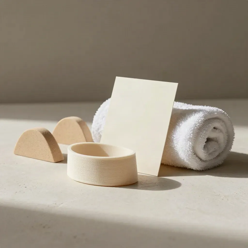 Set cura Passo Fermo con fascia elastica, cunei di supporto e asciugamano arrotolato su fondo chiaro.