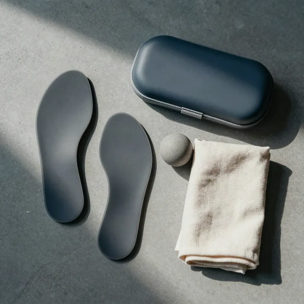 Flatlay dall'alto con inserti ortopedici, custodia chiusa, palla massaggiante e fascia in cotone.