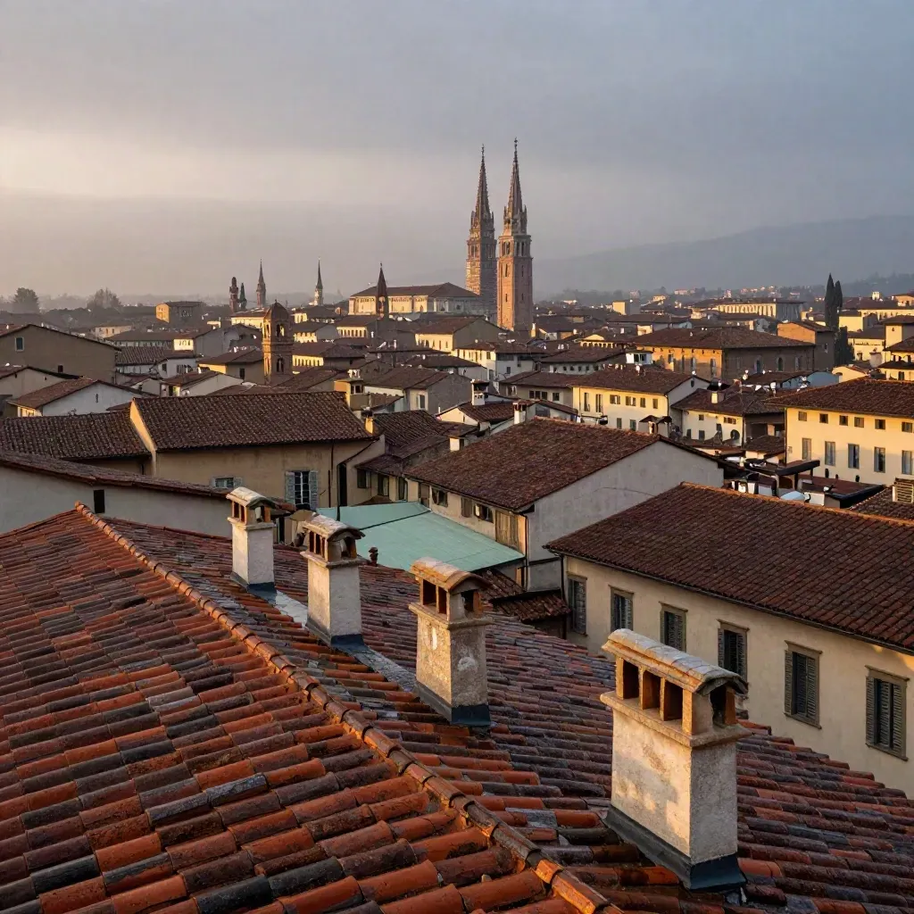 Brera e il Duomo all’alba dopo la pioggia, con tetti in terracotta e nebbia lieve