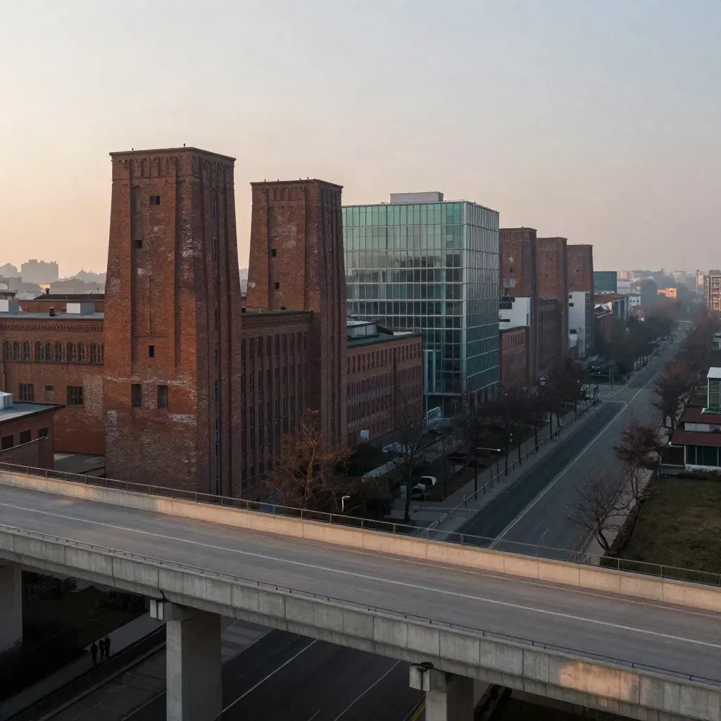 Vista dorata di Milano nord con torri industriali in mattoni e facciate moderne tra gli alberi.