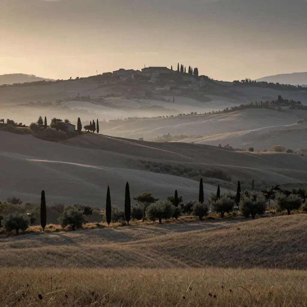 Colline della Lombardia est con cipressi, campi chiari e borgo lontano nella foschia serale