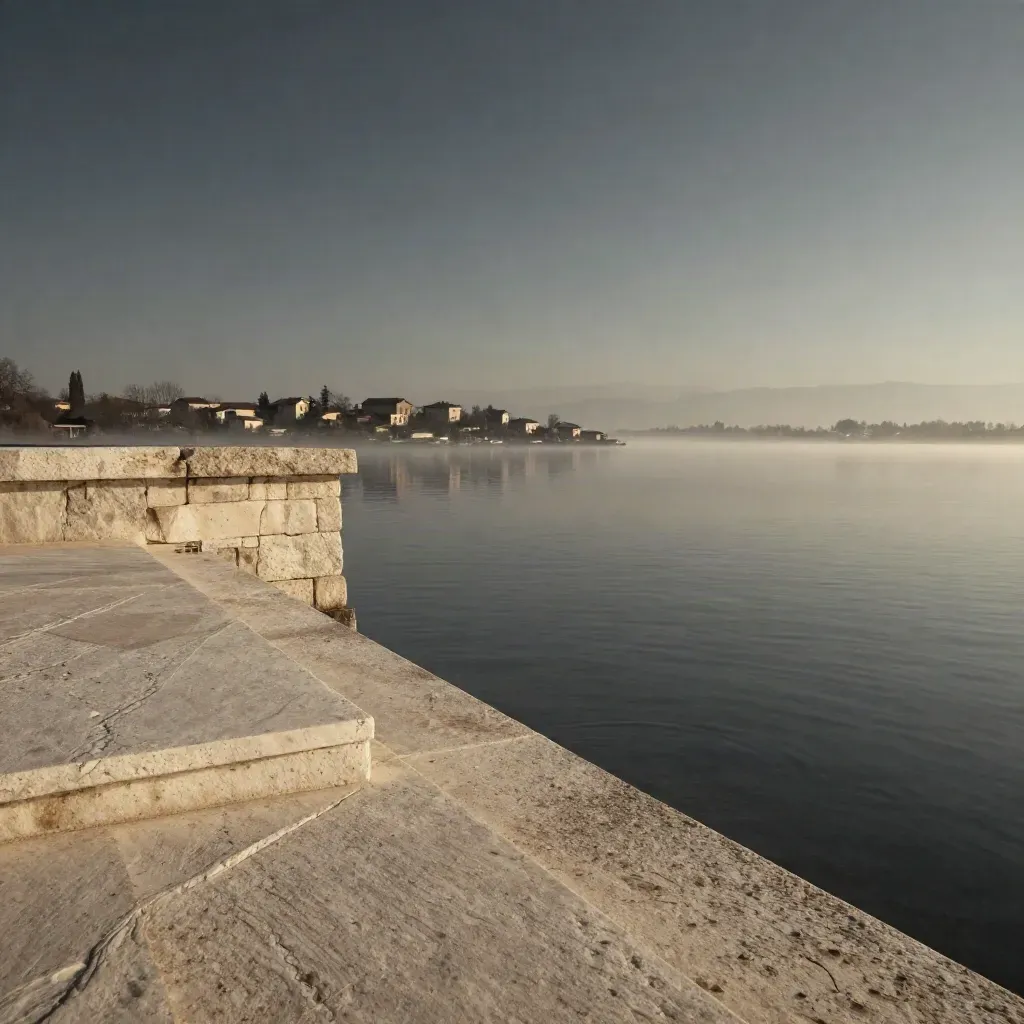 Terrazza in pietra sul lago in Lombardia ovest, acqua calma e ville lontane all’orizzonte.