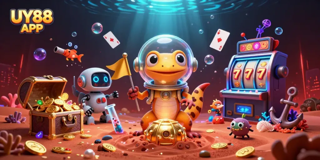 Spin the reels on UY88 APP's thrilling adventure with a Martian gecko and treasures