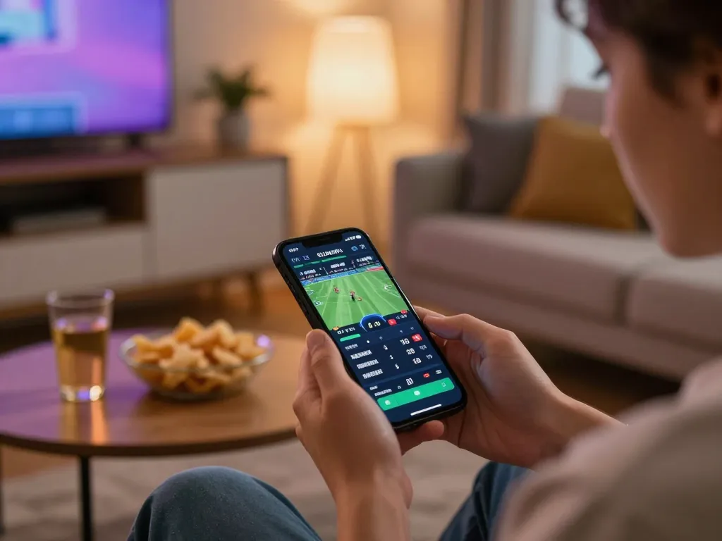 Dynamic sports betting at home with okfun app on smartphone and engaging atmosphere.