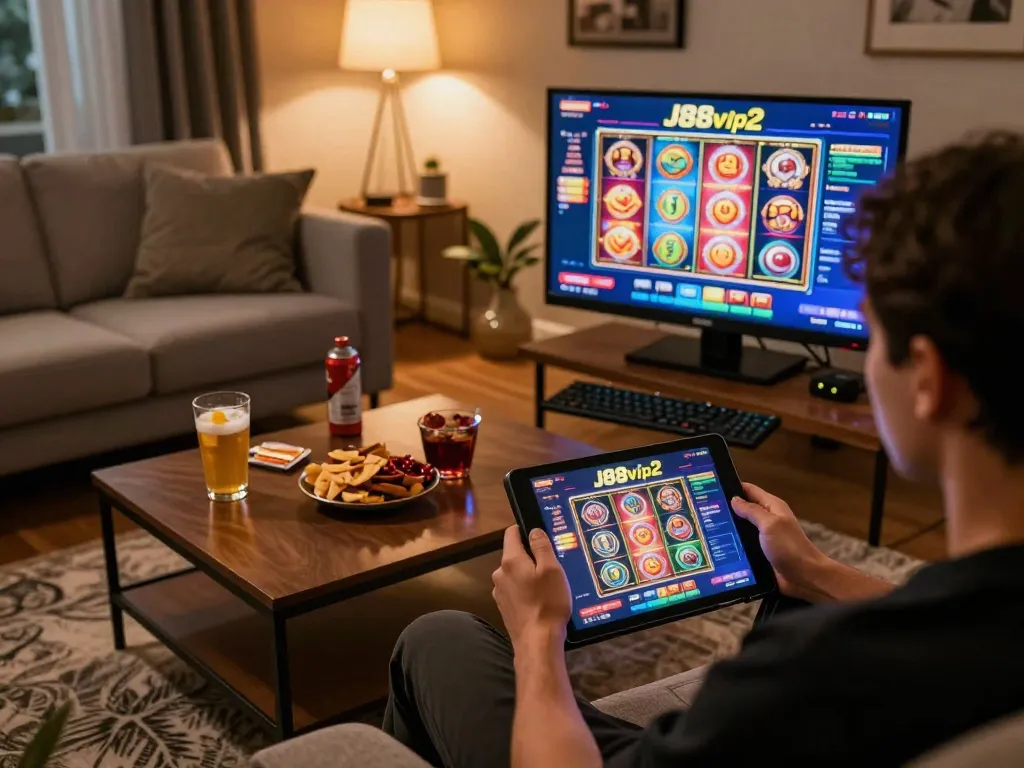 Engaging J88vip2 gameplay experience on tablet with vibrant casino graphics and cozy atmosphere.