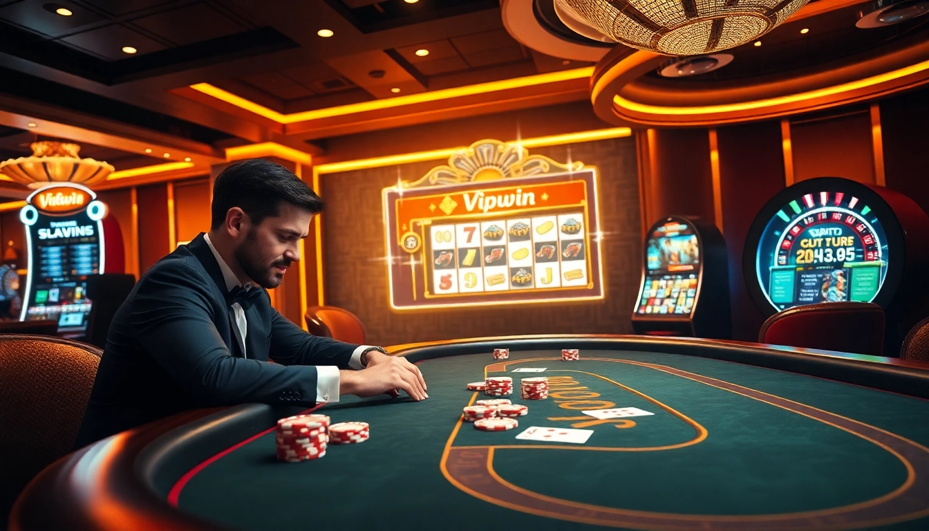 Experience the excitement of vipwin with a luxurious casino scene showcasing poker and slot machines.