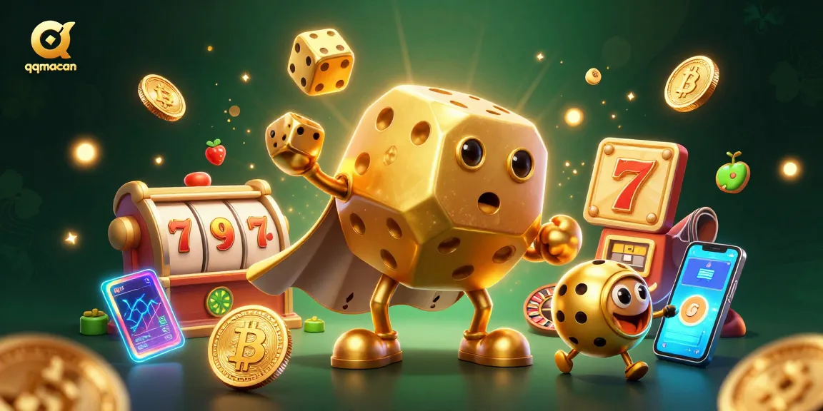 Engage with qqmacan's slot action showcased in a vibrant casino-themed 3D illustration.