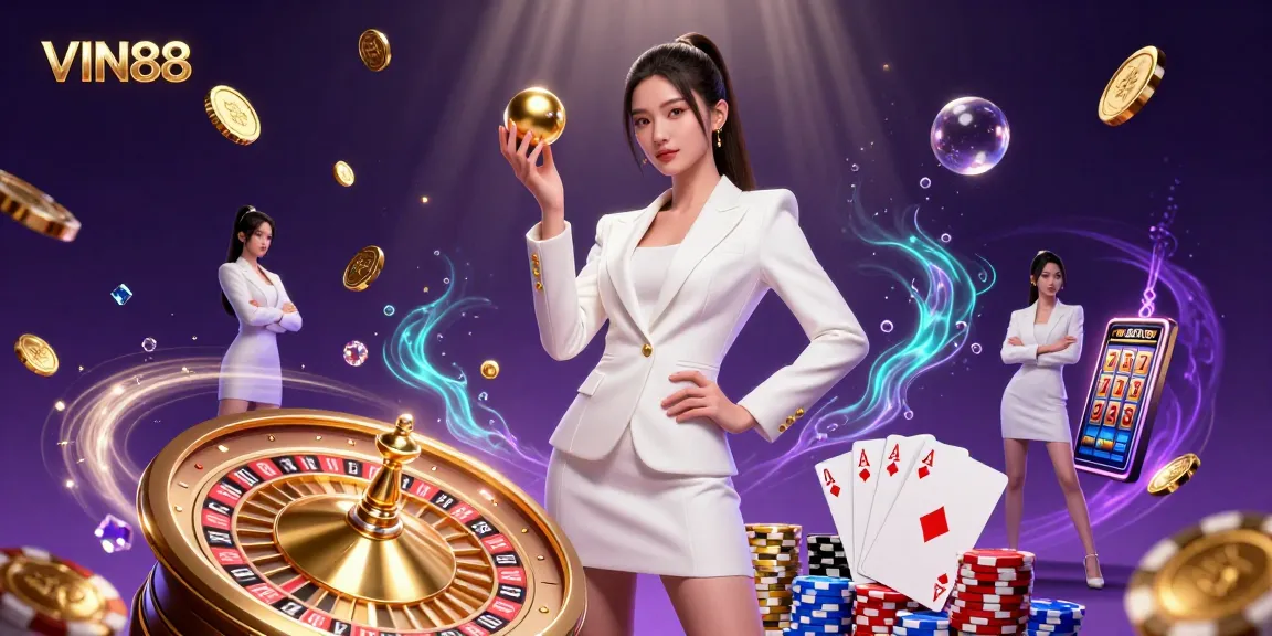 Celebrate your wins with VIN88 in a vibrant casino scene filled with rich gaming elements.