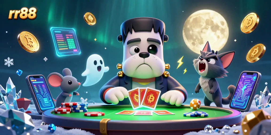 rr88 players win with excitement at a vivid casino table featuring colorful monsters and crypto coins.
