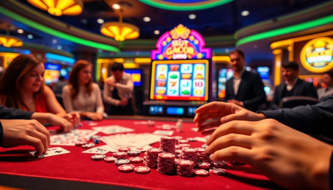 Experience the excitement of slot gacor games at a vibrant casino with glowing slot machines and active players.