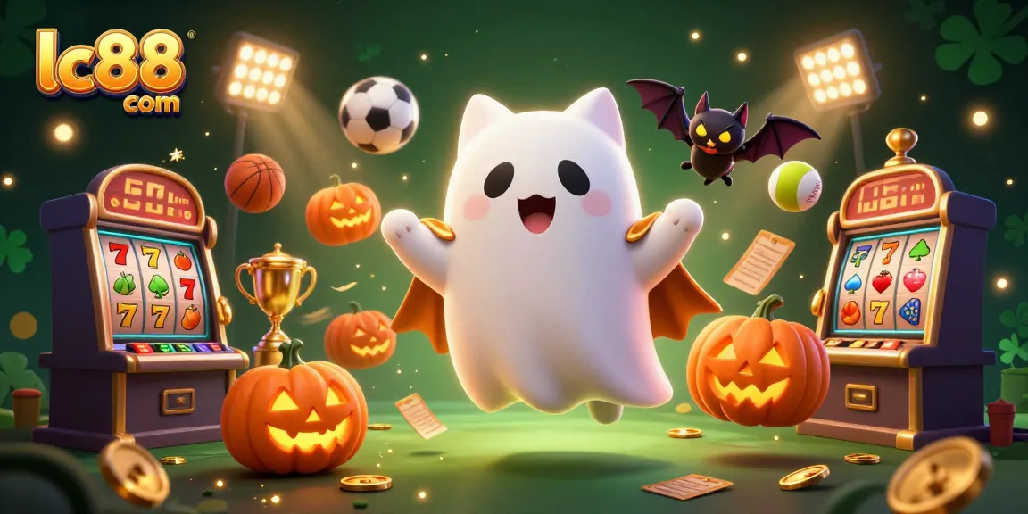 Experience exciting gameplay at lc88 com with a vibrant scene of a floating ghost cat and casino-themed details.