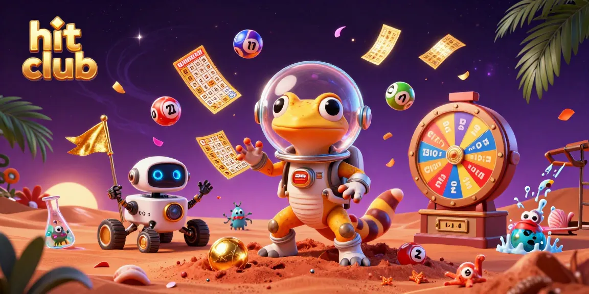 Hit club excitement unfolds as a gecko explores a golden casino with vibrant game elements.