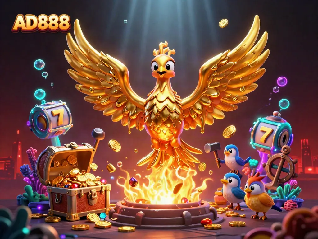 Experience the excitement of AD888 with a golden phoenix forging coins amidst slot reels and underwater treasures.