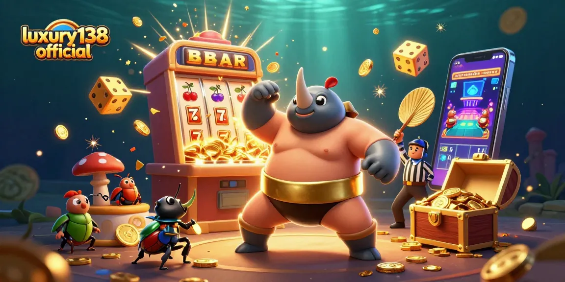 Experience thrilling gameplay with the luxury138 official jackpot, featuring the vibrant scene of a beetle champion amidst casino symbols.