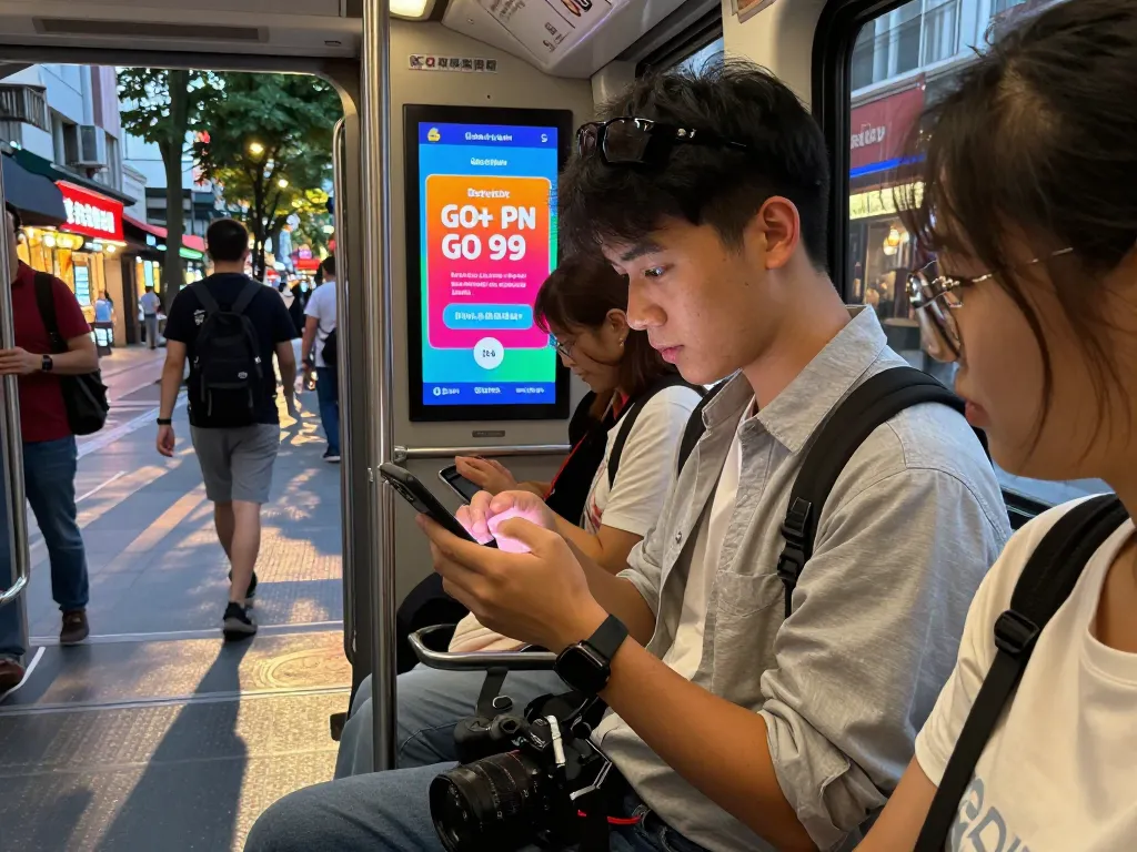 Engaged customer exploring Go 99 mobile plan options on smartphone in busy urban setting.
