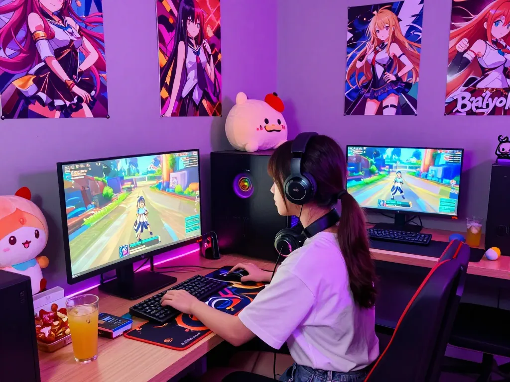 Engaging scene of a gamer playing hentai games in a colorful gaming lounge