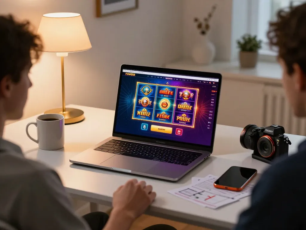 Player engaging in online casino gaming at HM88 on a laptop, cozy gaming setup.