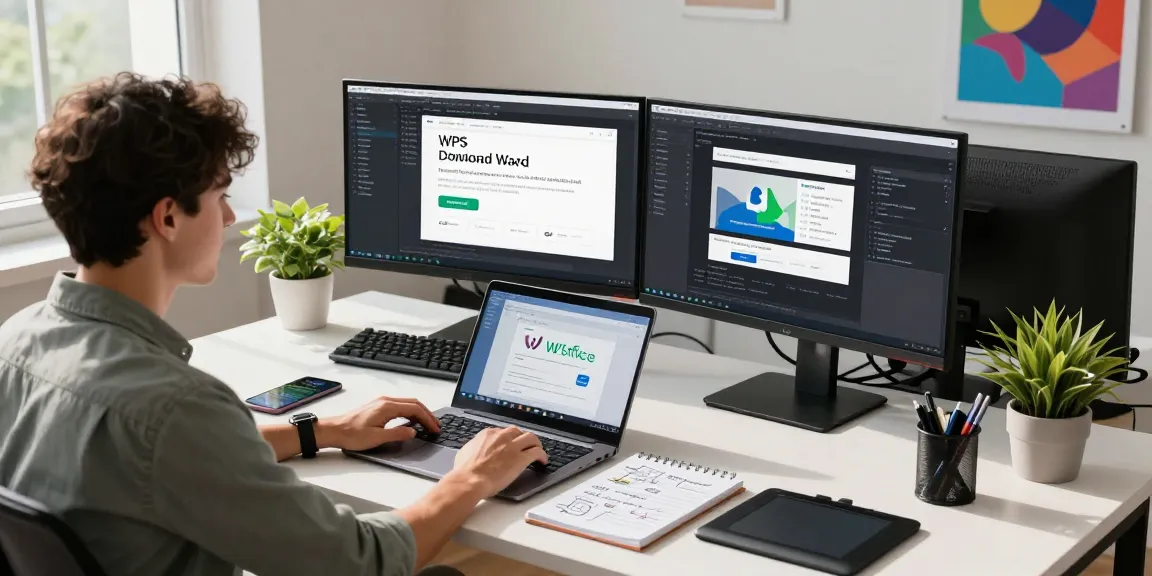 WPS Download software showcased on monitors in a modern tech office environment, highlighting office productivity tools.