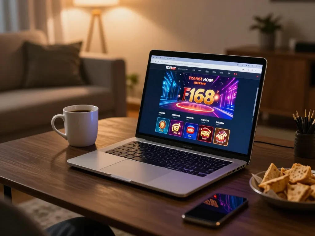 Engaging with the trang chủ F168 casino interface on a warm, inviting home gaming setup.