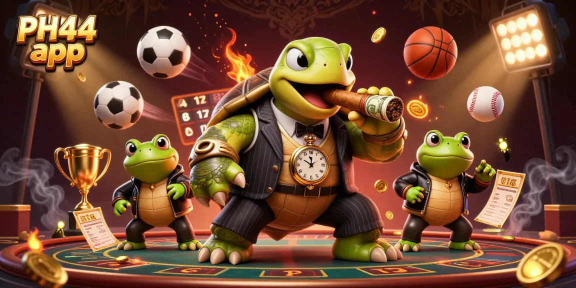 Experience the PH44 app with a lively scene of a mobster turtle and bullfrog enforcers, amidst dynamic sports balls.