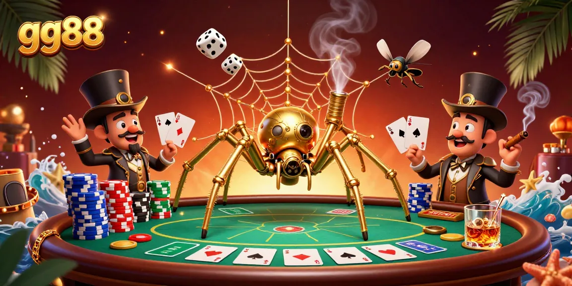Engage in immersive gaming at gg88 with a vivid scene of a golden spider and poker elements.