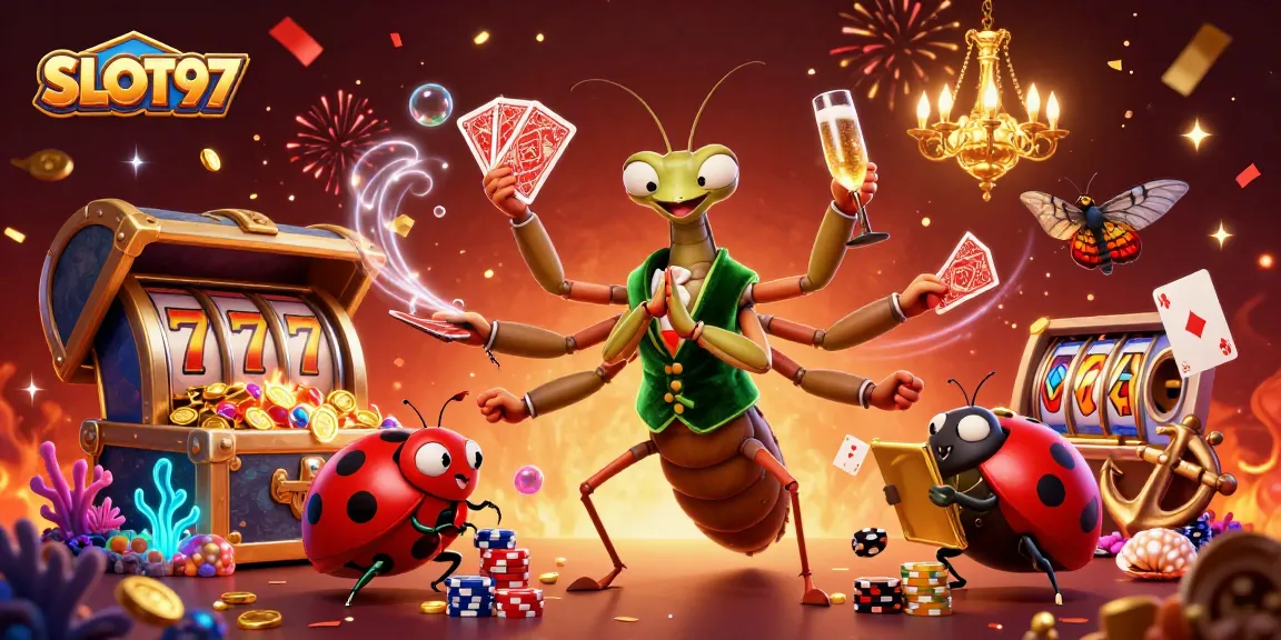 SLOT97 platform's giant praying mantis dealer handling cards and pouring champagne, creating an exciting casino atmosphere.