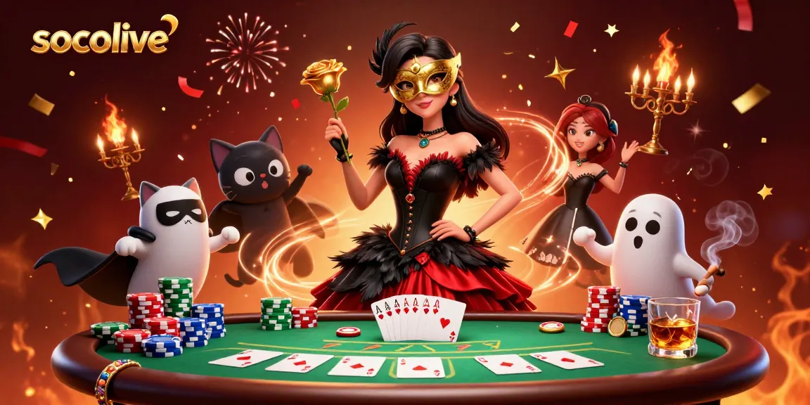 Socolive enhances gambling excitement with a stunning 3D illustration featuring dynamic characters and casino elements.