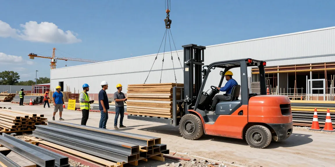Electric forklift lifting materials at a busy construction site.