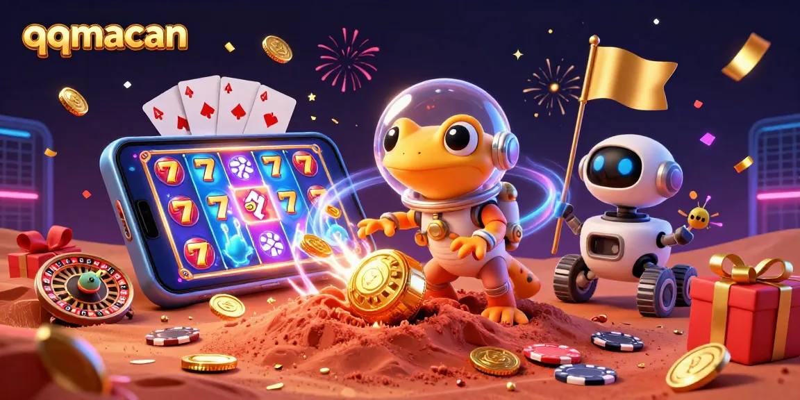 Experience the excitement of qqmacan with a vibrant illustration of a Martian gecko discovering a golden casino amidst dynamic gaming elements.