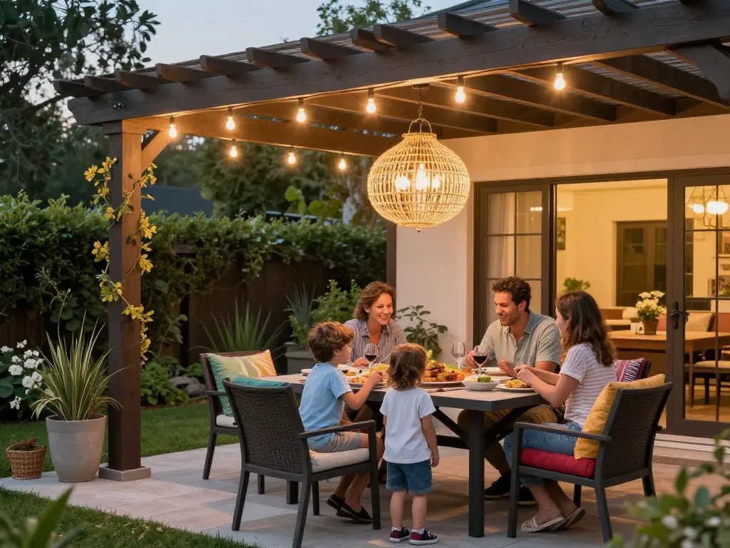 Configuratore pergole con preventivo che mostra una famiglia che gode di un'esperienza elegante all'aperto sotto una pergola, sottolineando comfort e gioia.