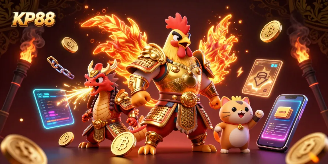 Experience the excitement at KP88, where a rooster warrior and dragon hatchling spark gambling thrills.