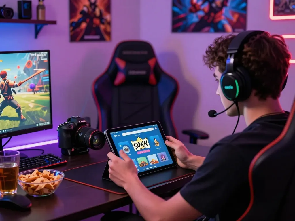 Engaged gamer downloading tải sun win app, surrounded by colorful gaming setup and snacks.